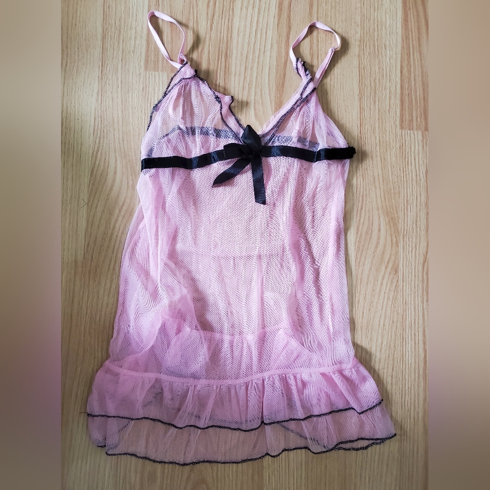 Elegant Pink Sheer Babydoll with Black Accents